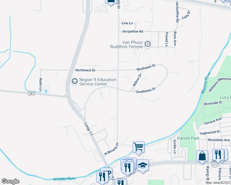 map of restaurants, bars, coffee shops, grocery stores, and more near 3201 Southwest Drive in Wichita Falls