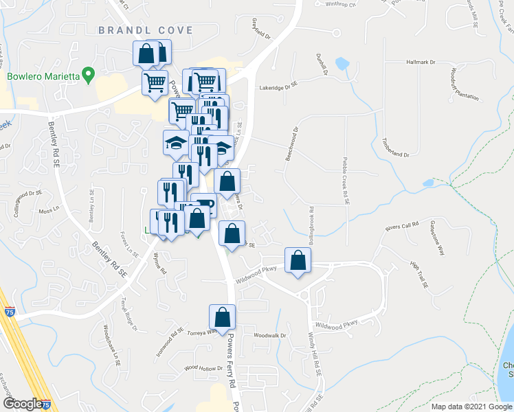 map of restaurants, bars, coffee shops, grocery stores, and more near 419 Smokerise Circle Southeast in Marietta