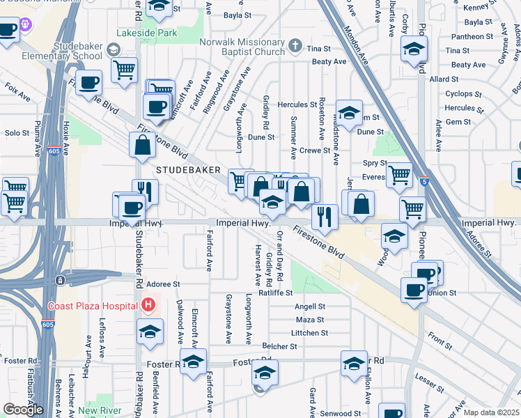 map of restaurants, bars, coffee shops, grocery stores, and more near 11330 Firestone Blvd in Norwalk
