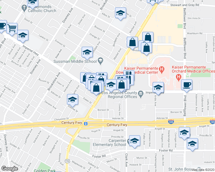 map of restaurants, bars, coffee shops, grocery stores, and more near 12528 1/2 Lakewood Boulevard in Downey