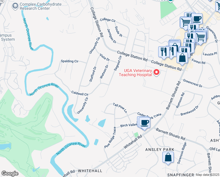 map of restaurants, bars, coffee shops, grocery stores, and more near 305 Segrest Circle in Athens