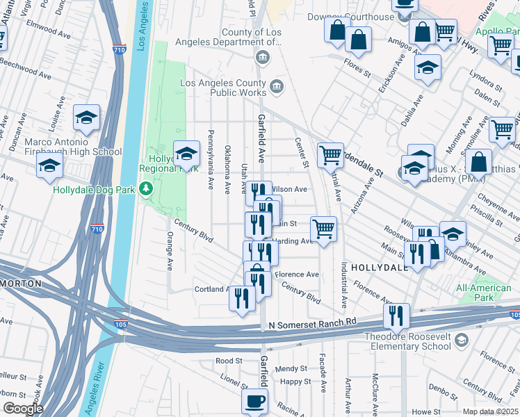 map of restaurants, bars, coffee shops, grocery stores, and more near 12005 Garfield Avenue in South Gate