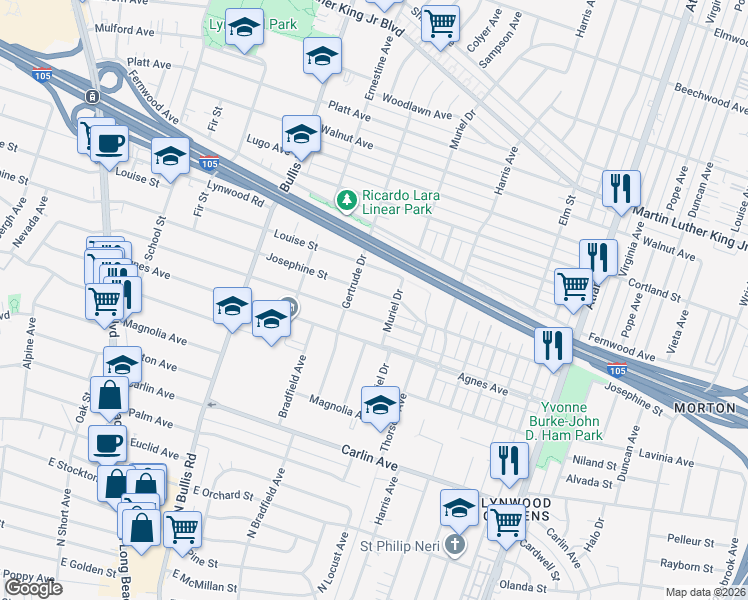 map of restaurants, bars, coffee shops, grocery stores, and more near 4026 Josephine Street in Lynwood