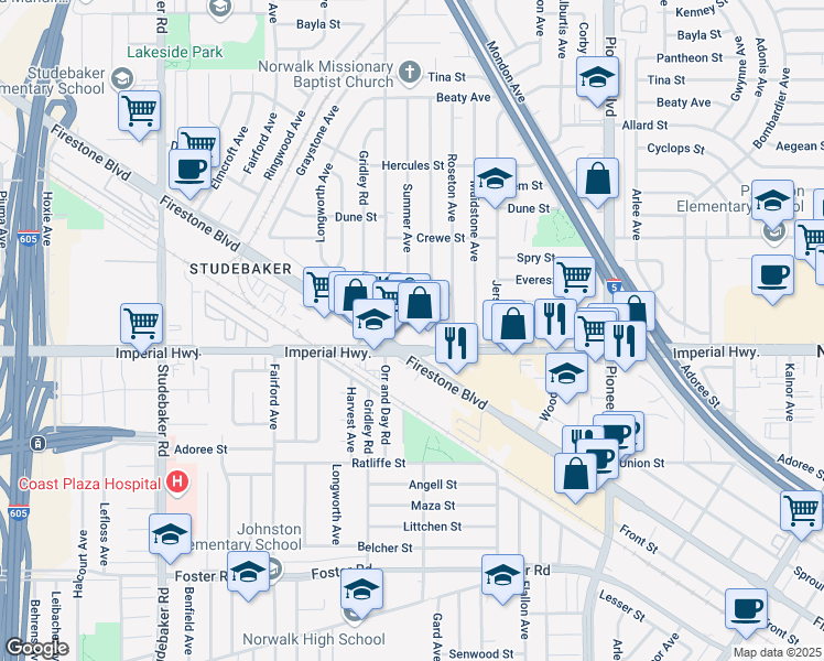 map of restaurants, bars, coffee shops, grocery stores, and more near 11459 Imperial Highway in Norwalk