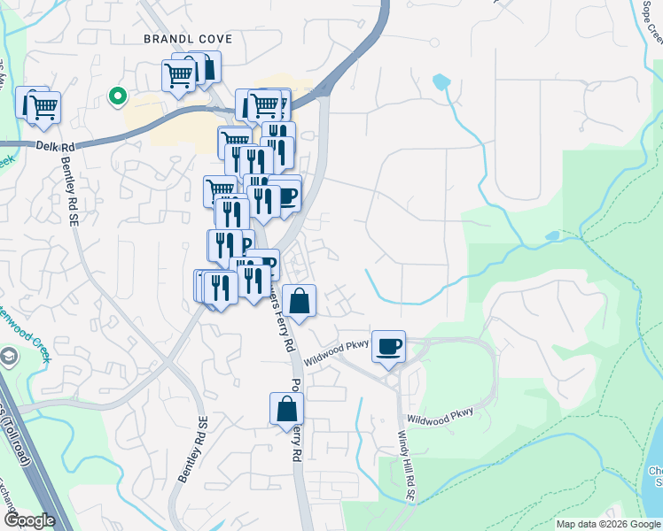 map of restaurants, bars, coffee shops, grocery stores, and more near 419 Smokerise Circle Southeast in Marietta