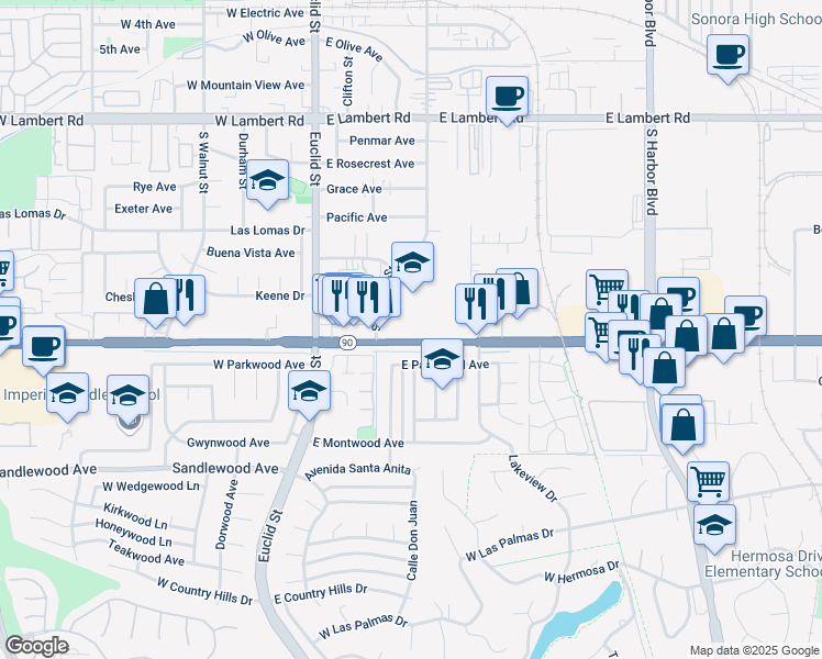 map of restaurants, bars, coffee shops, grocery stores, and more near 321 East Imperial Highway in La Habra