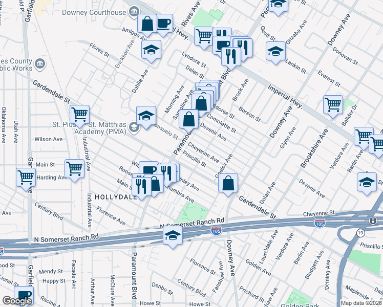 map of restaurants, bars, coffee shops, grocery stores, and more near 8029 Priscilla Street in Downey