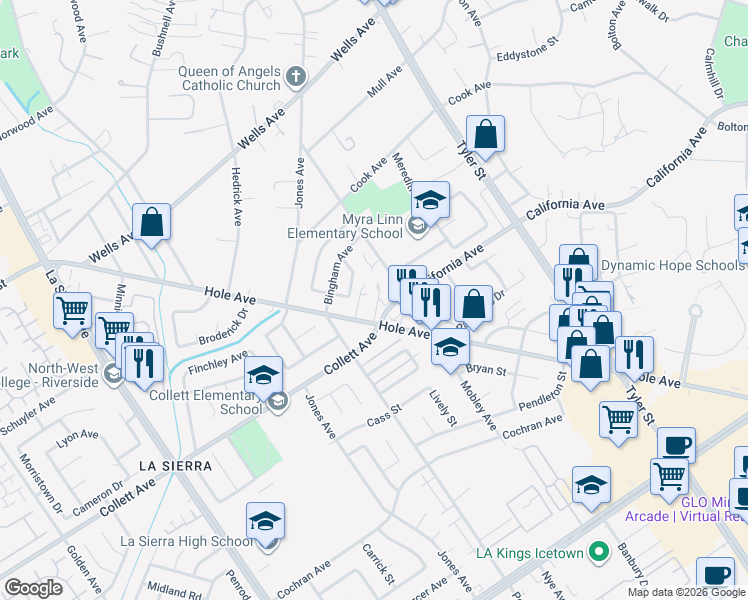 map of restaurants, bars, coffee shops, grocery stores, and more near 10583 Hole Avenue in Riverside