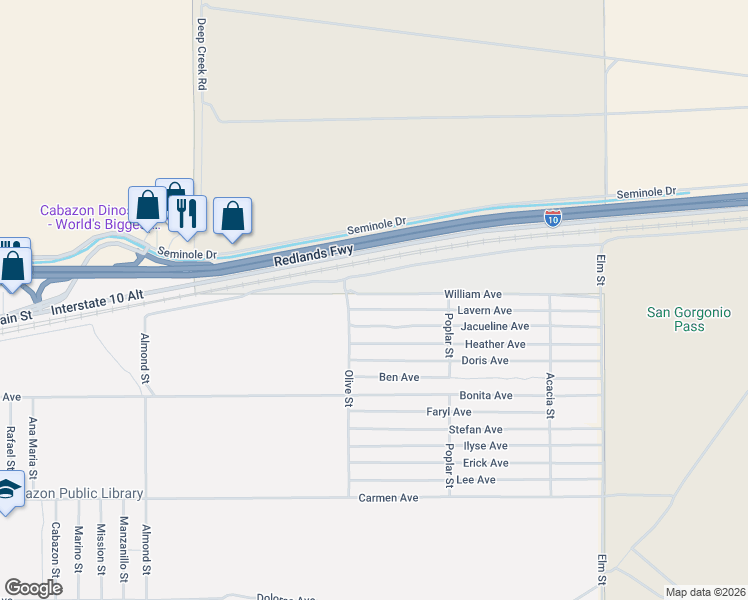 map of restaurants, bars, coffee shops, grocery stores, and more near William Avenue in Cabazon
