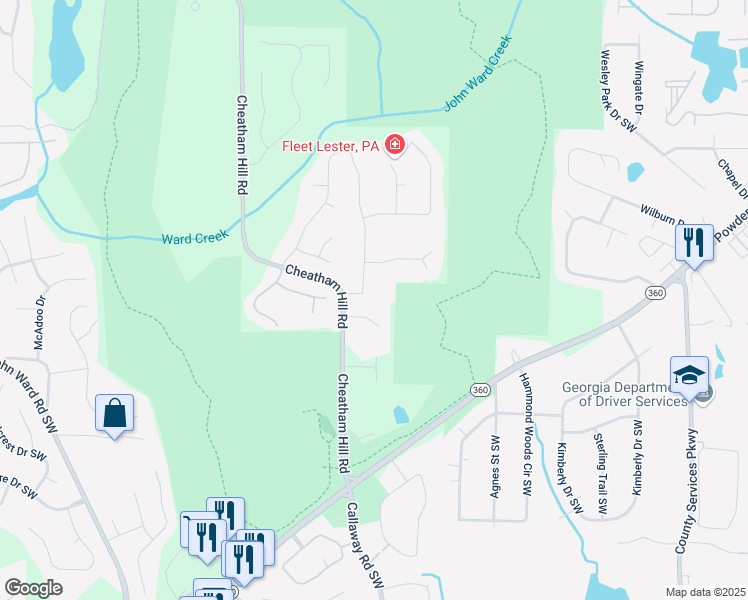 map of restaurants, bars, coffee shops, grocery stores, and more near 1474 Livingston Drive Southwest in Marietta