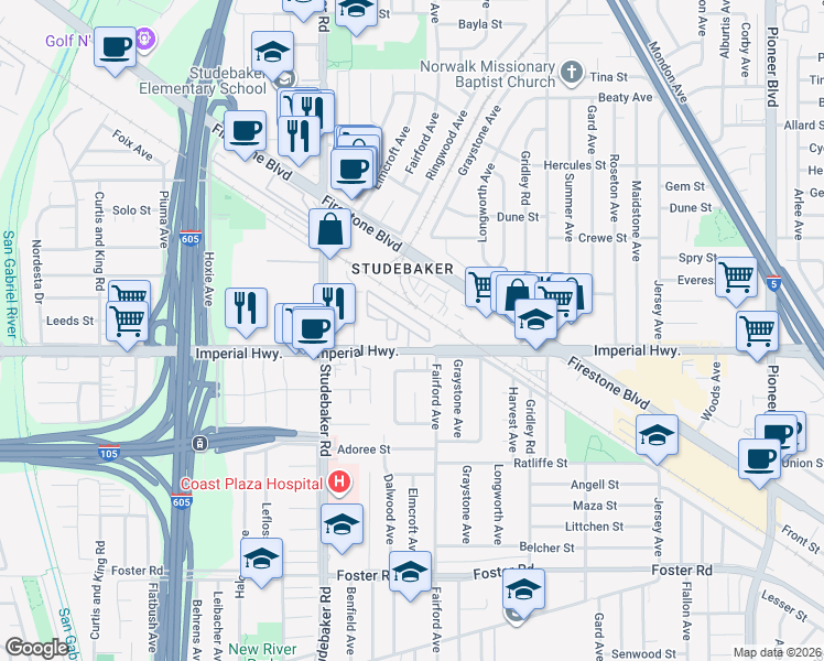 map of restaurants, bars, coffee shops, grocery stores, and more near 11101 Imperial Highway in Norwalk