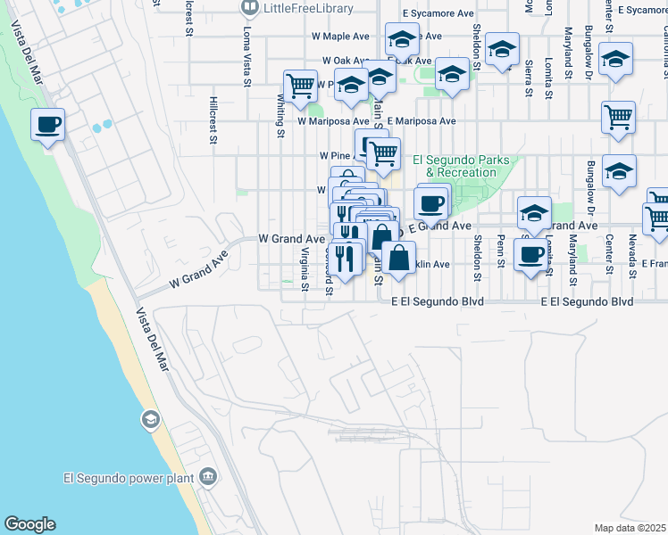 map of restaurants, bars, coffee shops, grocery stores, and more near 224 West Franklin Avenue in El Segundo
