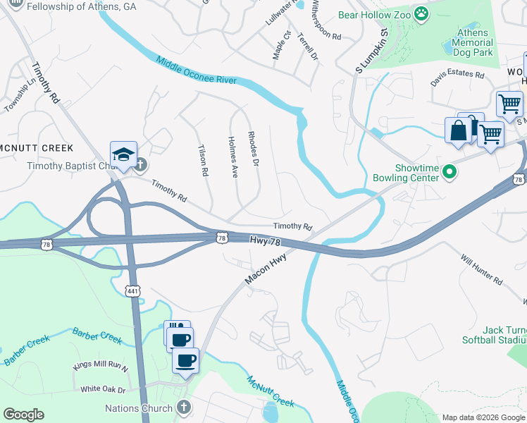 map of restaurants, bars, coffee shops, grocery stores, and more near 170 Holmes Ave in Athens