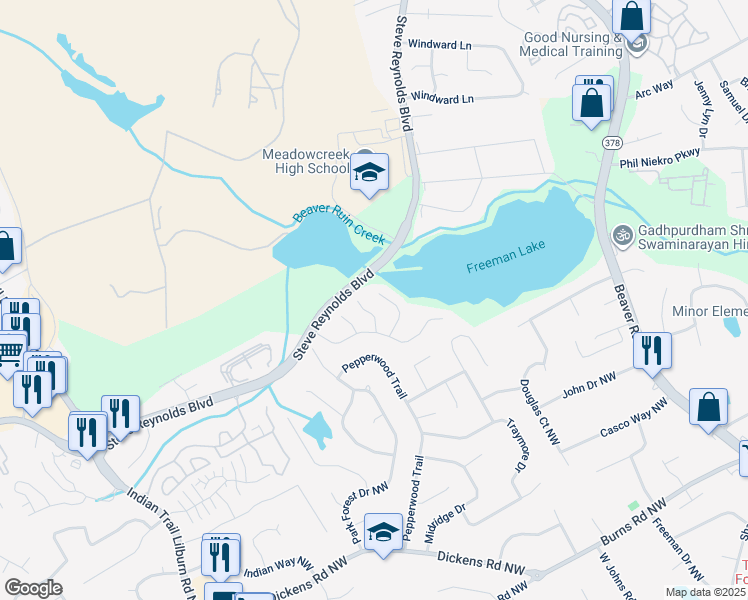 map of restaurants, bars, coffee shops, grocery stores, and more near 4585 Freeman Lake Court in Norcross
