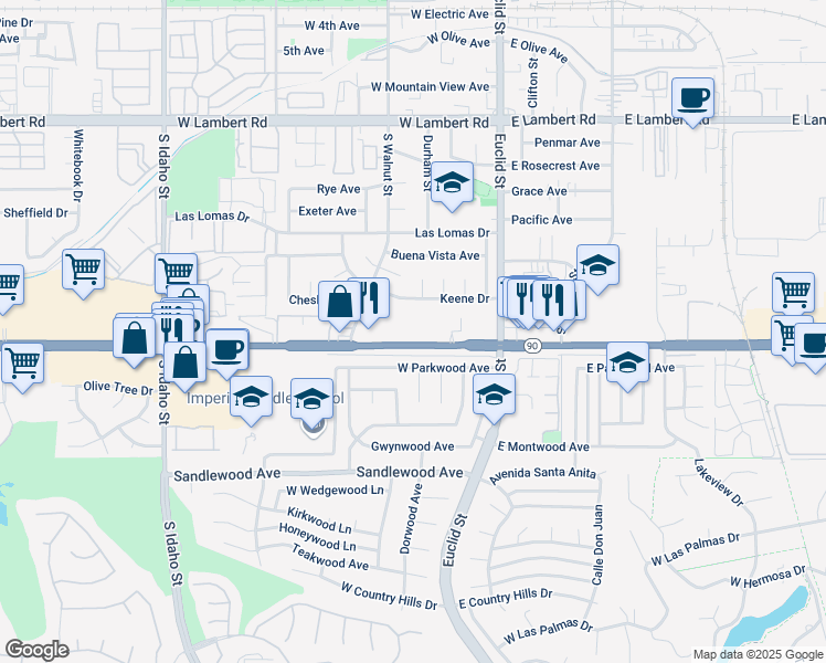 map of restaurants, bars, coffee shops, grocery stores, and more near 409 Imperial Highway in La Habra