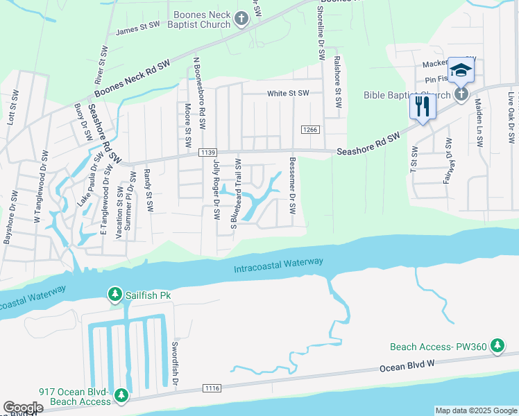 map of restaurants, bars, coffee shops, grocery stores, and more near 2575 Dockside Drive Southwest in Brunswick County