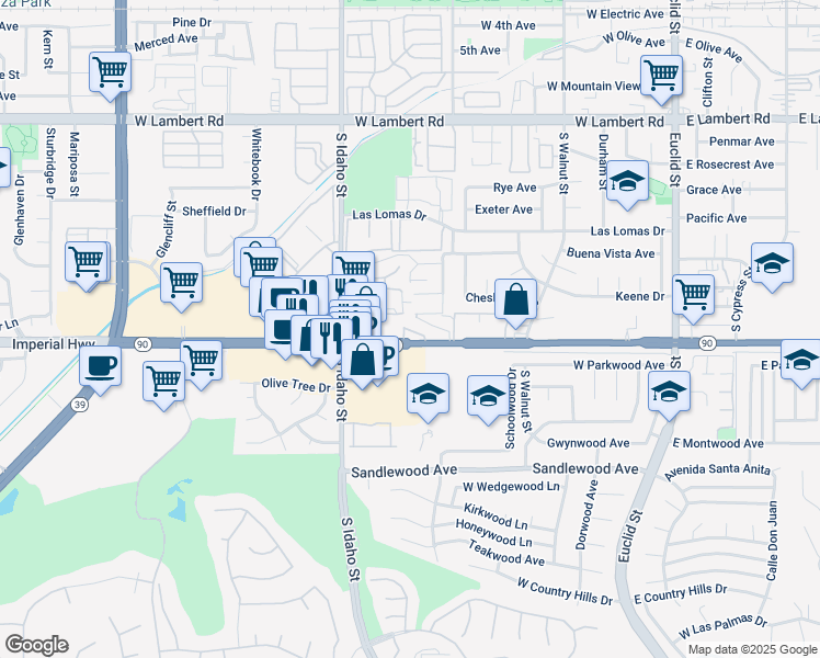 map of restaurants, bars, coffee shops, grocery stores, and more near in La Habra