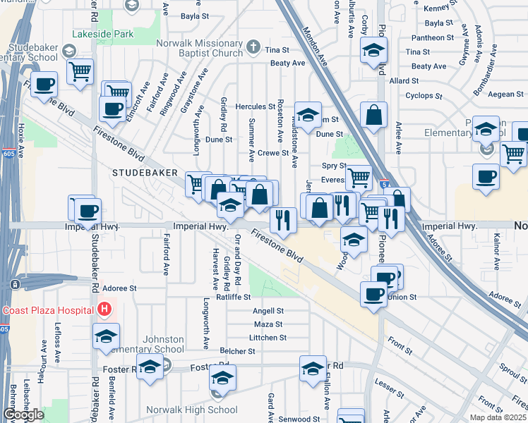 map of restaurants, bars, coffee shops, grocery stores, and more near 11459 Imperial Highway in Norwalk
