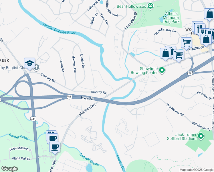 map of restaurants, bars, coffee shops, grocery stores, and more near 151 Steepleview Drive in Athens