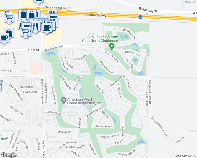 map of restaurants, bars, coffee shops, grocery stores, and more near 5503 West Palmer Drive in Banning