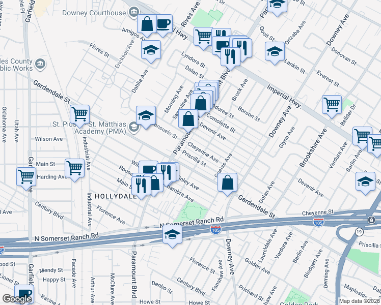 map of restaurants, bars, coffee shops, grocery stores, and more near 8029 Priscilla Street in Downey