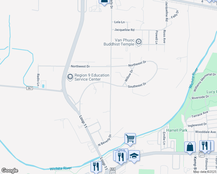 map of restaurants, bars, coffee shops, grocery stores, and more near 3201 Southwest Drive in Wichita Falls