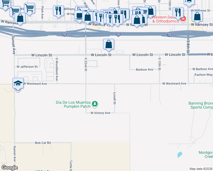 map of restaurants, bars, coffee shops, grocery stores, and more near 1910 West Westward Avenue in Banning