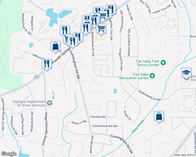 map of restaurants, bars, coffee shops, grocery stores, and more near 1409 Bellemeade Court Southwest in Marietta
