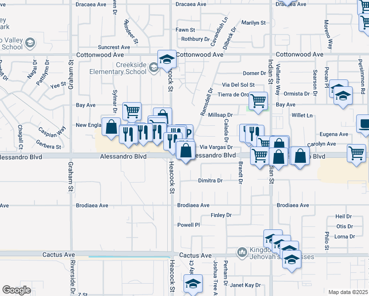 map of restaurants, bars, coffee shops, grocery stores, and more near 24050 Alessandro Boulevard in Moreno Valley