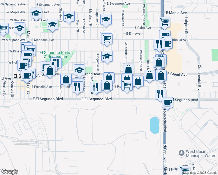 map of restaurants, bars, coffee shops, grocery stores, and more near 201 Nevada Street in El Segundo