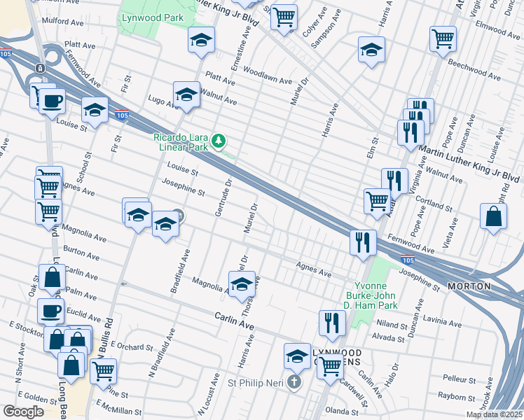 map of restaurants, bars, coffee shops, grocery stores, and more near 4109 Josephine Street in Lynwood