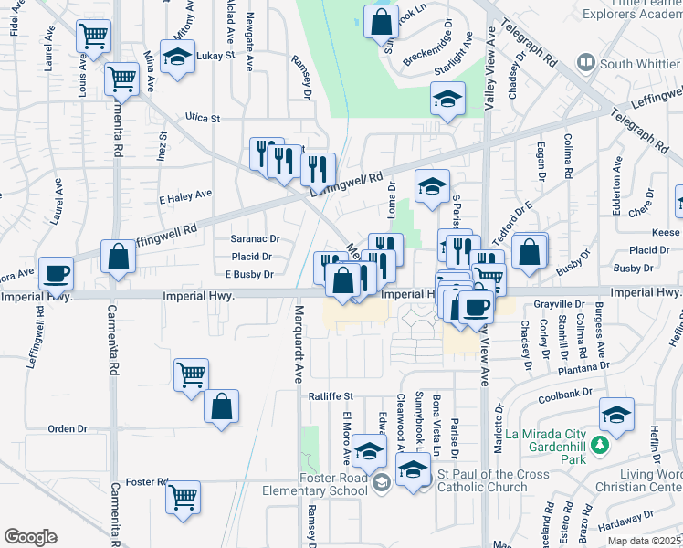 map of restaurants, bars, coffee shops, grocery stores, and more near 12407 Duffield Avenue in Whittier