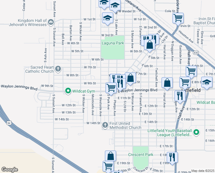 map of restaurants, bars, coffee shops, grocery stores, and more near 905 South Park Avenue in Littlefield