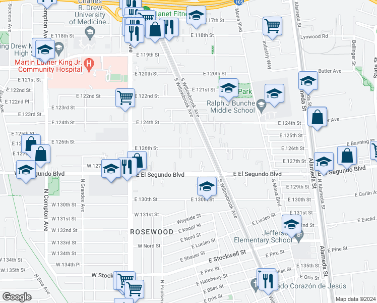 map of restaurants, bars, coffee shops, grocery stores, and more near 2140 East 126th Street in Compton
