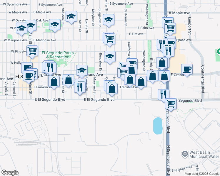 map of restaurants, bars, coffee shops, grocery stores, and more near 201 Nevada Street in El Segundo