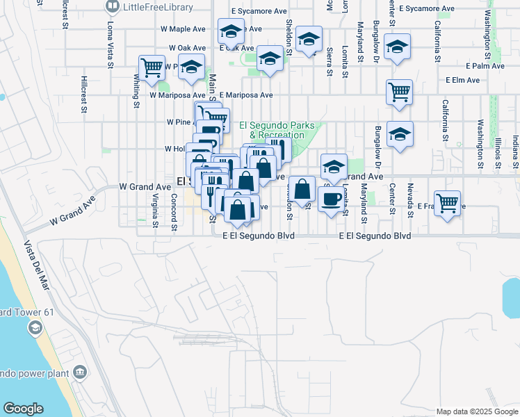 map of restaurants, bars, coffee shops, grocery stores, and more near 308B East Franklin Avenue in El Segundo