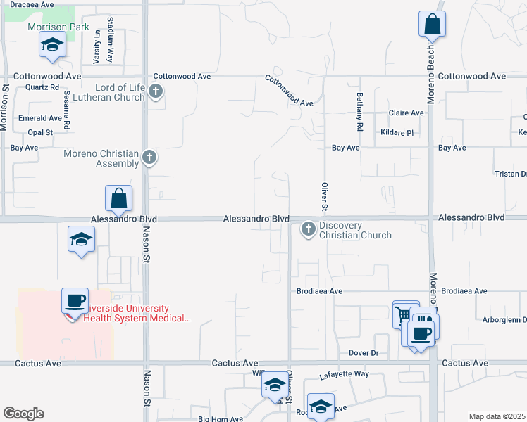 map of restaurants, bars, coffee shops, grocery stores, and more near 27390 Alessandro Boulevard in Moreno Valley