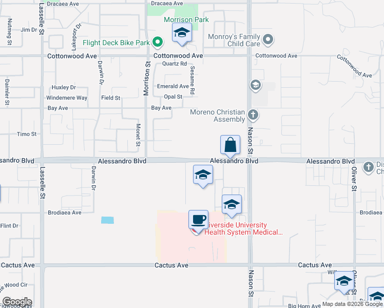 map of restaurants, bars, coffee shops, grocery stores, and more near 26755 Alessandro Boulevard in Moreno Valley