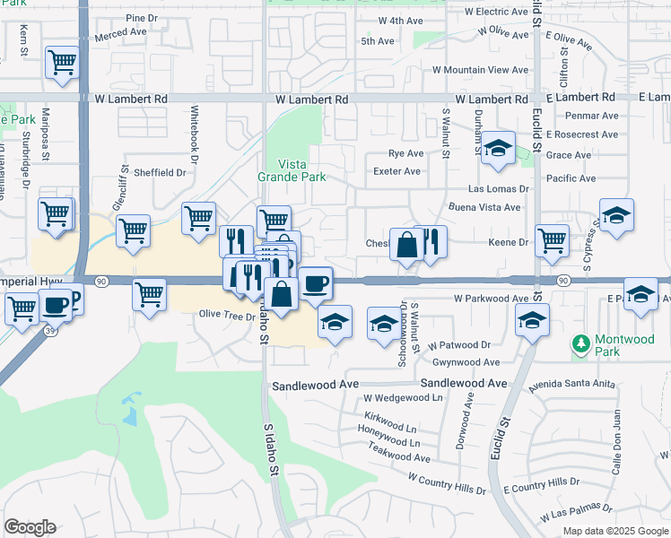 map of restaurants, bars, coffee shops, grocery stores, and more near 917 Del Sur Avenue in La Habra