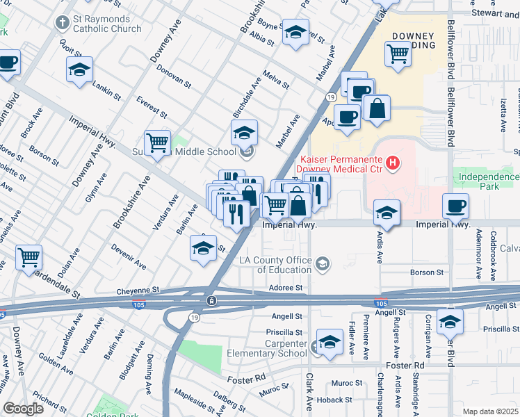map of restaurants, bars, coffee shops, grocery stores, and more near 12528 1/2 Lakewood Boulevard in Downey