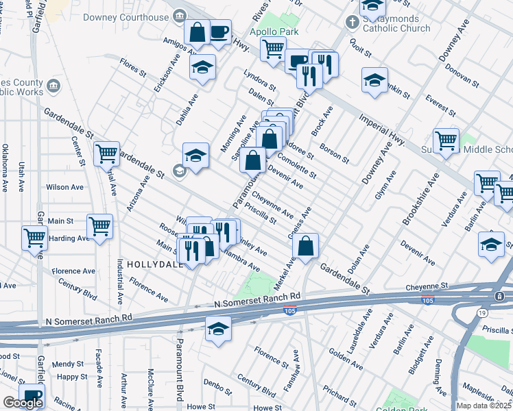 map of restaurants, bars, coffee shops, grocery stores, and more near 8034 Cheyenne Avenue in Downey