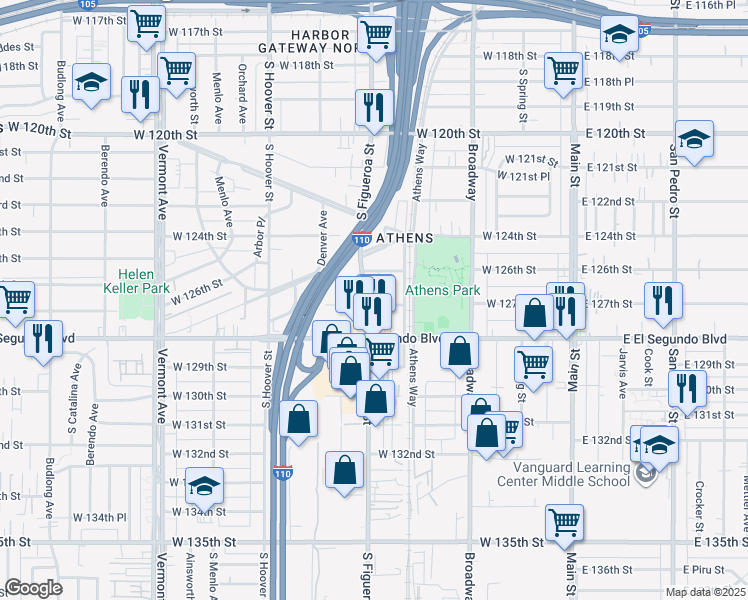 map of restaurants, bars, coffee shops, grocery stores, and more near 12628 South Figueroa Street in Los Angeles