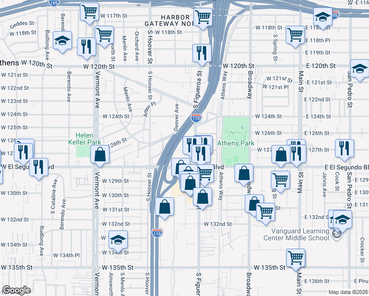map of restaurants, bars, coffee shops, grocery stores, and more near 523 West 127th Street in Los Angeles