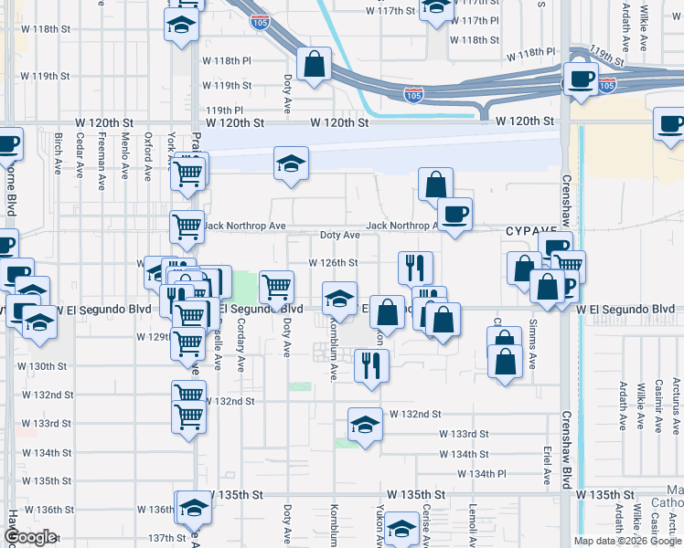 map of restaurants, bars, coffee shops, grocery stores, and more near 12523 Cranbrook Avenue in Hawthorne