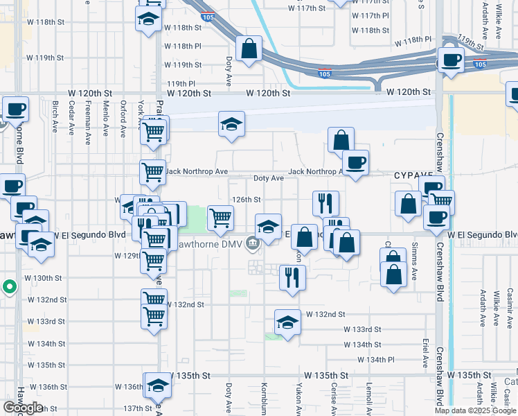 map of restaurants, bars, coffee shops, grocery stores, and more near 12606 Fonthill Avenue in Hawthorne