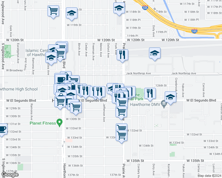 map of restaurants, bars, coffee shops, grocery stores, and more near 12605 York Avenue in Hawthorne