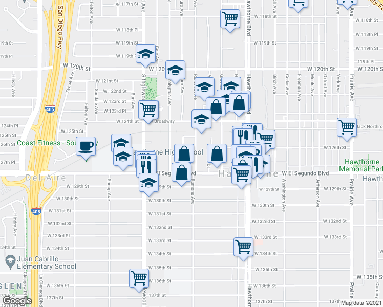 map of restaurants, bars, coffee shops, grocery stores, and more near 12619 Ramona Avenue in Hawthorne