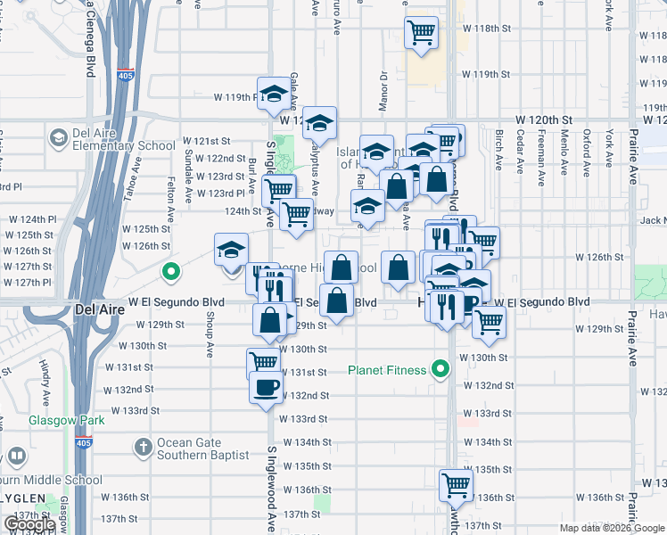 map of restaurants, bars, coffee shops, grocery stores, and more near 12615 Eucalyptus Avenue in Hawthorne