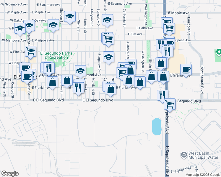 map of restaurants, bars, coffee shops, grocery stores, and more near 201 Nevada Street in El Segundo
