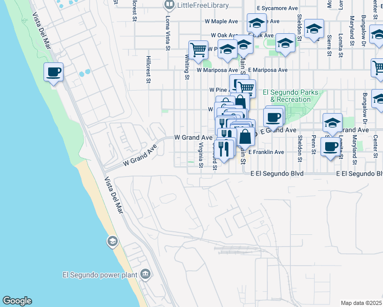 map of restaurants, bars, coffee shops, grocery stores, and more near 202 Whiting Street in El Segundo